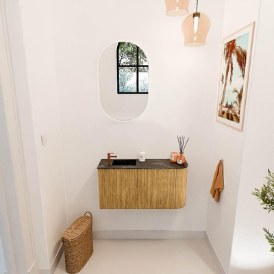 Mondiaz JOYA-DLUX 81.6cm toiletmeubel - ronding rechts kleur Oak - Wastafel FAYE positie Links 1 kraangat kleur Lava.