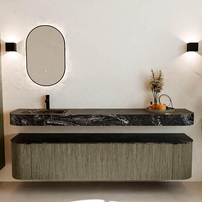 MONDIAZ THOR-DLUX 200cm meuble de salle de bains arrondi gauche + droite couleur Shadow avec 2 tiroirs et 2 portes. Vasque suspendue CLOUD Gauche 1 trou de robinet couleur Lava.