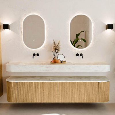 MONDIAZ THOR-DLUX Meuble de salle de bains - 200cm - arrondi gauche + droite - couleur Oak - 2 tiroirs - 2 portes - Vasque suspendue CLOUD Double sans trou de robinet - couleur Ostra