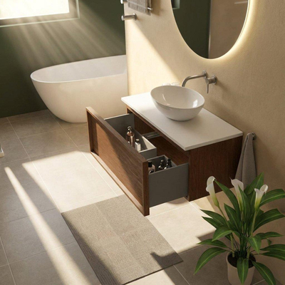 Saniclass Holz Frame Ensemble meuble de salle de bains - 100x45x42.5cm - plan de toilette Torino en solid surface blanc - sans trou de robinet - 1 tiroir - walnut pure mat (bois)