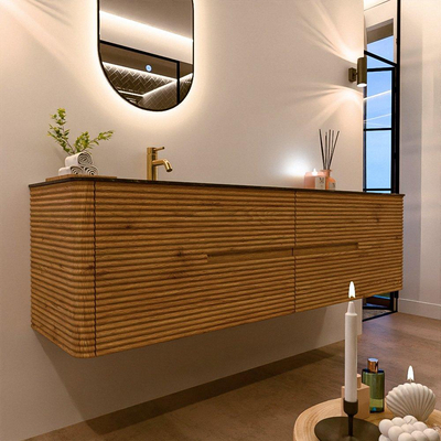 Mondiaz CIRO-DLUX Meuble de salle de bains - 180x45x50cm - Lavabo solid surface Lava - 1 vasque à gauche - 1 trou de robinet - 4 tiroirs - Chêne