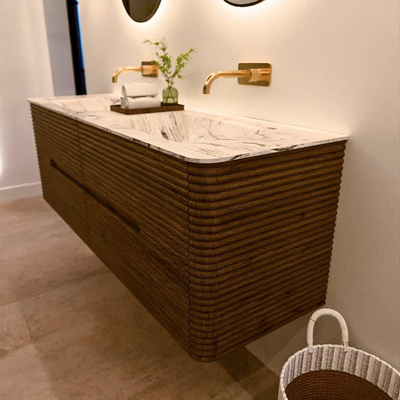 Mondiaz CIRO-DLUX Meuble de salle de bains - 150x45x50cm - Plan vasque Solid surface Glace - 2 bacs Double - sans perçages de robinetterie - 4 tiroirs - Dusk