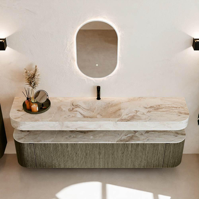 MONDIAZ THOR-DLUX Meuble de salle de bains - 200cm - arrondi gauche + droite - couleur Shadow - 2 tiroirs - 2 portes - Vasque suspendue CLOUD Milieu 1 trou de robinet couleur Frappe