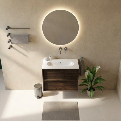 Saniclass Holz Frame Ensemble de meubles de salle de bains - 80x45x73.9cm - lavabo Chaci en céramique blanc - 1 vasque - sans trou de robinet - 2 tiroirs - chêne charcoal mat (bois)