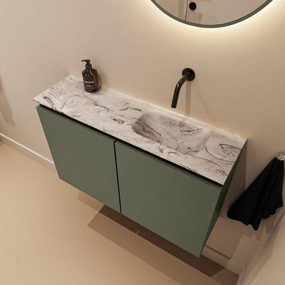 MONDIAZ TURE-DLUX Meuble toilette - 80cm - Army - EDEN - vasque Glace - position droite - sans trou de robinet