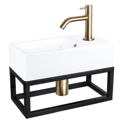 Differnz Force kit lave-mains - 40x22x11.5cm - Rectangulaire - 1 trou de robinet - Robinet courbé doré mat - avec cadre noir - Céramique blanche