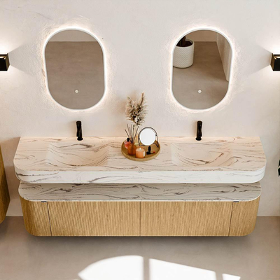 MONDIAZ THOR-DLUX 200cm meuble de salle de bains arrondi gauche + droite couleur Oak avec 2 tiroirs et 2 portes. Vasque suspendue CLOUD Double 2 trous de robinet couleur Nata.