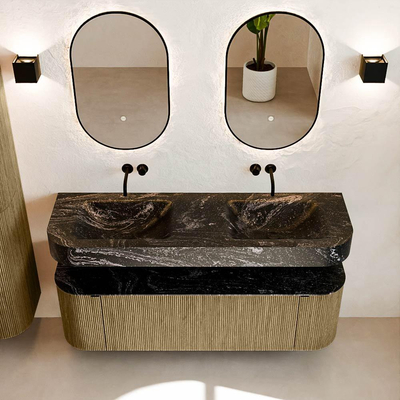 MONDIAZ THOR-DLUX 150cm meuble de salle de bains arrondi gauche + droite couleur Dusk avec 1 tiroir et 2 portes. Vasque suspendue CLOUD Double sans trou de robinet couleur Lava.