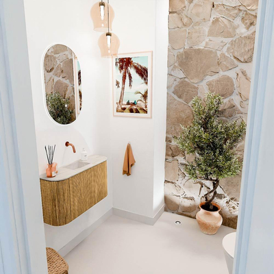 Mondiaz JOYA-DLUX 73.2cm toiletmeubel - ronding links en rechts kleur Oak - Wastafel FAYE positie Midden Zonder kraangat kleur Ostra.