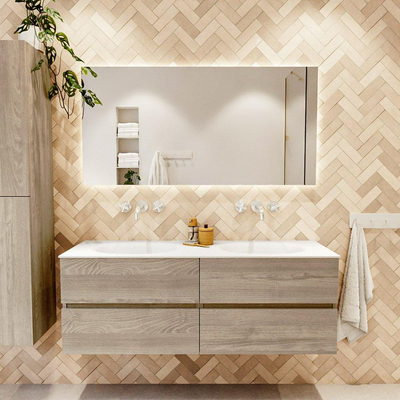 Mondiaz VICA ensemble de meuble de salle de bain - 140cm - meuble sous-vasque marron clair gris - 4 tiroirs - lavabo lune double - sans trous de robinet - couleur talc - miroir LED - version XL 60cm de haut