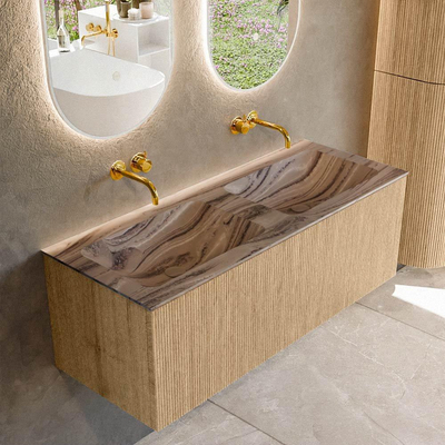 MONDIAZ KURVE-DLUX 120cm badmeubel kleur Oak met 1 lade en 0 deuren. Wastafel LEAF Dubbel zonder kraangat Sombra.