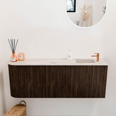 Mondiaz JOYA-DLUX Meuble de salle de bains 111,6cm - arrondi gauche couleur Walnut - Vasque FAYE position Droite 1 trou de robinet couleur Nata