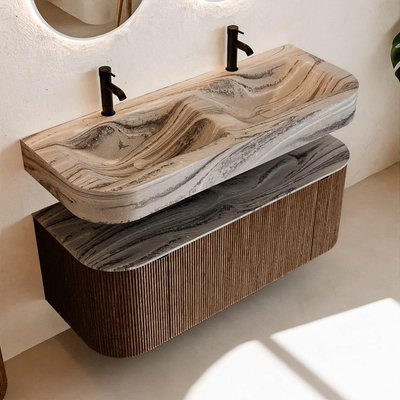 MONDIAZ THOR-DLUX 120cm meuble de salle de bains arrondi gauche + droite couleur Walnut avec 1 tiroir et 2 portes. Vasque suspendue CLOUD Double 2 trous de robinet couleur Sombra.