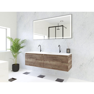 HR Matrix ensemble meuble de salle de bain 3d 140cm 2 tiroirs sans poignée avec bandeau couleur charleston avec vasque fine 2 trous de robinetterie blanc mat