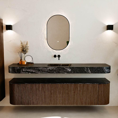 MONDIAZ THOR-DLUX 190cm badmeubel ronding links + rechts kleur Walnut met 2 lades en 2 deuren. Vrijhangende wastafel CLOUD Midden zonder kraangat kleur Lava.