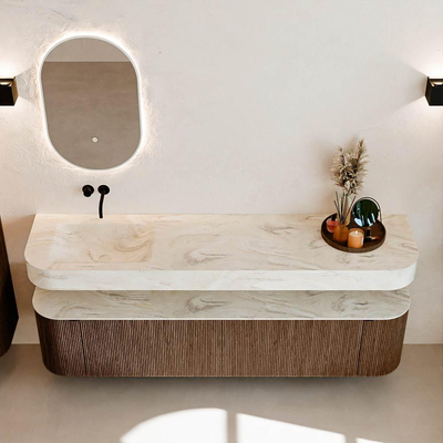 MONDIAZ THOR-DLUX Meuble de salle de bains - 190cm - arrondi gauche + droite - couleur Walnut - 2 tiroirs et 2 portes - Vasque suspendue CLOUD Gauche sans trou de robinet - couleur Ostra