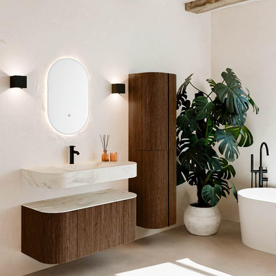 MONDIAZ THOR-DLUX 100cm badmeubel ronding links + rechts kleur Walnut met 1 lade en 2 deuren. Vrijhangende wastafel CLOUD Midden 1 kraangat kleur Ostra.