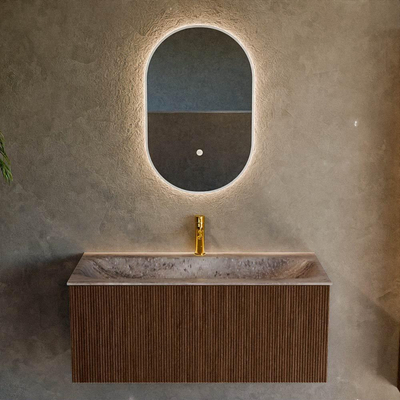 MONDIAZ KURVE-DLUX 100cm badmeubel kleur Walnut met 1 lade en 0 deuren. Wastafel BIG MEDIUM Midden 1 kraangat Oza.