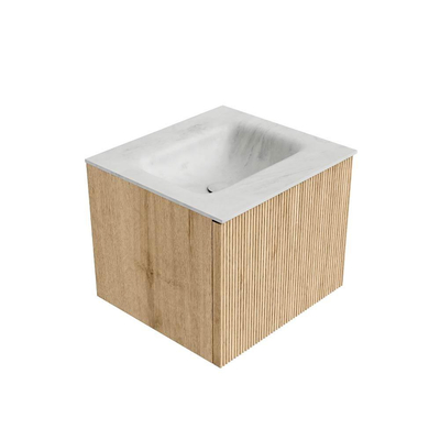 MONDIAZ KURVE-DLUX 50cm badmeubel kleur Oak met 1 lade. Wastafel GRUNNE midden zonder kraangat kleur Opalo.
