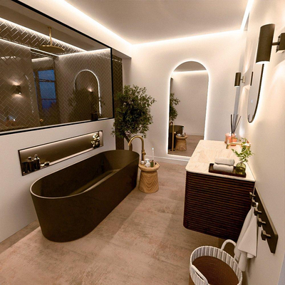 Mondiaz CIRO-DLUX Ensemble de meubles de salle de bains - 120x45x50cm - vasque en solid surface Ostra - 1 bassin à droite - sans trous de robinet - 2 tiroirs - Noyer