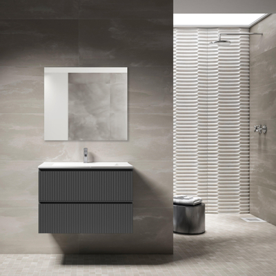 Saniclass Prime Blend Ensemble meuble de salle de bains - 80x55x46cm - 1 vasque ovale en céramique blanche - 1 trou de robinet - 2 tiroirs - miroir rectangulaire - anthracite mat
