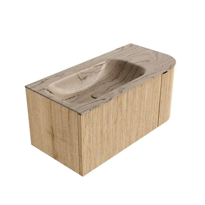 MONDIAZ KURVE-DLUX 95cm badmeubel ronding Rechts kleur Oak met 1 lade en 1 deur. Wastafel BIG SMALL Links 1 kraangat Arena.