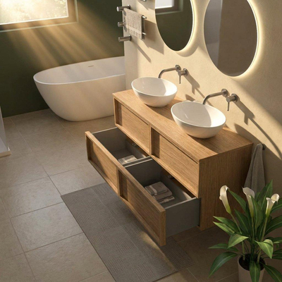 Saniclass Holz Frame Ensemble meuble de salle de bains - 140x45x62cm - plan de toilette en bois - sans trou de robinet - 4 tiroirs - chêne natural mat (bois)