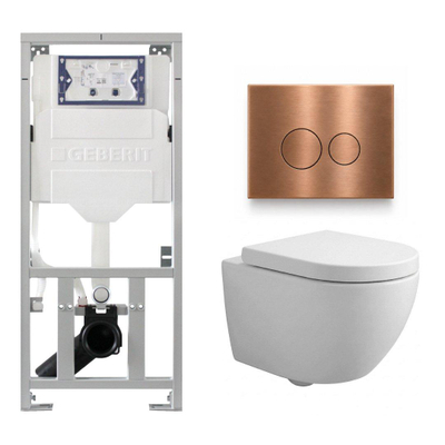 Pack WC QeramiQ Dely Swirl Compact - réservoir encastrable Geberit UP320 - avec bâti-support Burda - abattant 25 mm - plaque de commande en métal cuivre - boutons ronds - blanc brillant