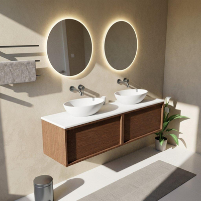 Saniclass Holz Frame Ensemble de meubles de salle de bains - 160x45x42.5cm - plan Torino en Solid Surface blanc - sans trou de robinet - 2 tiroirs - mat walnut pure (bois)