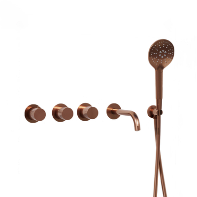 Fortifura Nebbio Ensemble combiné bain - mitigeur thermostatique - coude mural avec support de douchette - flexible de douche lisse - douchette ronde - bec verseur - cuivre brossé