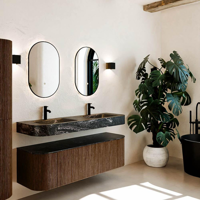 MONDIAZ THOR-DLUX 150cm meuble de salle de bains arrondi gauche + droite couleur Walnut avec 1 tiroir et 2 portes. Vasque suspendue CLOUD Double 2 trous de robinet couleur Lava.