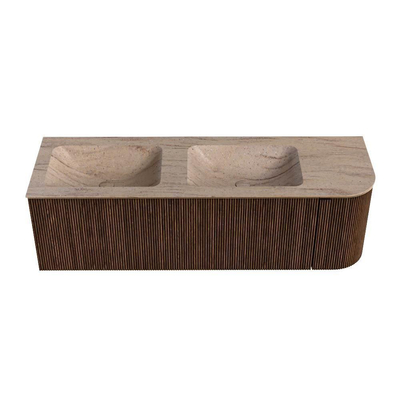 MONDIAZ KURVE-DLUX 145cm badmeubel ronding Rechts kleur Walnut met 1 lade en 1 deur. Wastafel LEAF Dubbel / Links 2 kraangaten Saba.