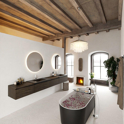 MONDIAZ BUKLA 280cm ensemble de meuble avec module 60 à droite couleur Marron Foncé avec 4 tiroirs. Lavabo CLOUD double 2 trous de robinet couleur Urban.