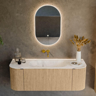 MONDIAZ KURVE-DLUX 130cm badmeubel met module 25 Len R kleur Oak met 1 lade en 2 deuren. Wastafel BIG SMALL midden zonder kraangat kleur Frappe.