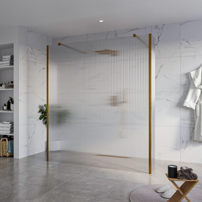 FugaFlow Eccelente Vetro Douche à l'italienne libre - 180x200cm - Clair strié - anti-calcaire - verre de sécurité 8mm - 2 parois latérales 30cm - avec bras muraux et profils d'angle - Cuivre brossé -