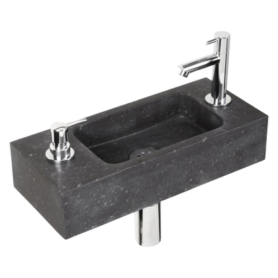 Differnz Sapon fonteinset - 42x18.5x9cm - Rechthoek - 1 kraangat - Met sifon fontein en afvoerplug - Natuursteen Zwart - licht beschadigd - OUTLET UDEN