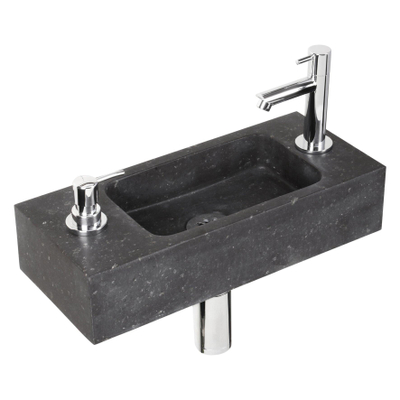 Differnz Sapon Set lave-mains 42x18.5x9cm 1 trou de robinet avec robinet, siphon et bonde rectangulaire pierre naturelle Noir