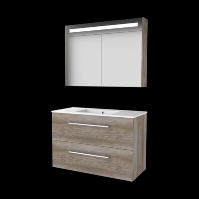 Basic-Line Premium 46 ensemble de meubles de salle de bain 100x46cm avec poignées 2 tiroirs lavabo en porcelaine 1 trou de robinetterie armoire de toilette éclairage led intégré mfc scotch oak