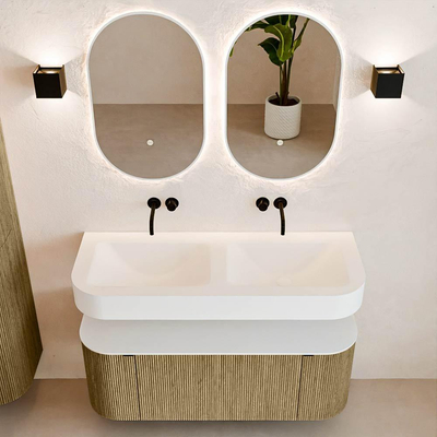 MONDIAZ THOR 120cm meuble de salle de bains arrondi gauche + droite couleur Dusk avec 1 tiroir et 2 portes. Vasque suspendue CLOUD Double sans trou de robinet couleur Talc.