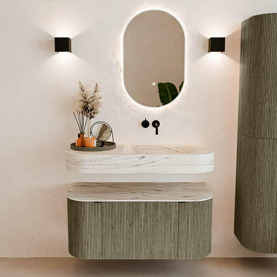 MONDIAZ THOR-DLUX 100cm meuble de salle de bains arrondi gauche + droite couleur Shadow avec 1 tiroir et 2 portes. Vasque suspendue CLOUD Droite sans trou de robinet couleur Nata.