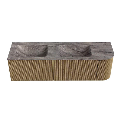 MONDIAZ KURVE-DLUX meuble de salle de bains 155cm arrondi à droite couleur Dusk avec 2 tiroirs et 1 porte. Lavabo LEAF double / gauche sans trou de robinet Oza.