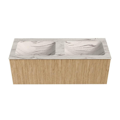 MONDIAZ KURVE-DLUX 120cm badmeubel kleur Oak met 1 lade en 0 deuren. Wastafel LEAF Dubbel zonder kraangat Nata.