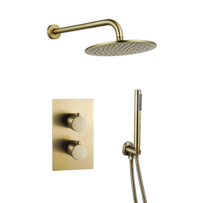 Fortifura Calvi Inbouw Regendoucheset - thermostatisch - wandarm - 30cm - hoofddouche - staaf handdouche - metalen doucheslang - PVD - geborsteld messing (goud)