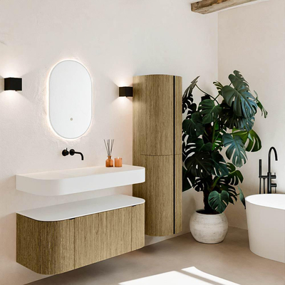 MONDIAZ THOR Meuble de salle de bains 110cm arrondi gauche + droite couleur Dusk avec 1 tiroir et 2 portes. Vasque suspendue CLOUD Milieu sans trou de robinet couleur Talc.