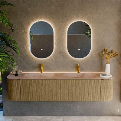 MONDIAZ KURVE-DLUX 190cm meuble de salle de bains arrondi Gauche + Droite couleur Dusk avec 2 tiroirs et 2 portes. Lavabo STOR SMALL Double 2 trous de robinet Saba.