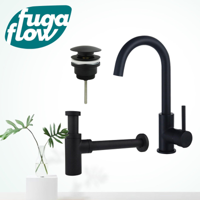 FugaFlow Eccelente Sobrado Badkamer Wastafelkraanset - hoge wastafelkraan - draaibare uitloop - klikwaste plug - design sifon - Mat zwart