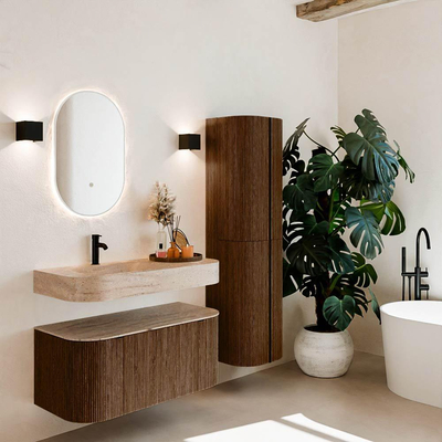 MONDIAZ THOR-DLUX 100cm badmeubel ronding links + rechts kleur Walnut met 1 lade en 2 deuren. Vrijhangende wastafel CLOUD Links 1 kraangat kleur Saba.