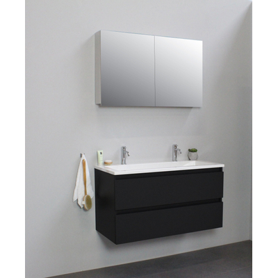 Basic Bella Meuble salle de bains avec lavabo acrylique Blanc avec armoire toilette 2 portes gris 100x55x46cm 2 trous de robinet Noir mat