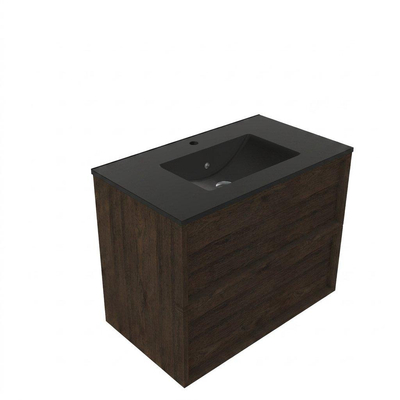 Saniclass Holz Frame Ensemble meuble de salle de bains - 80x45x62cm - Vygo lavabo en céramique noir - 1 vasque - 1 trou de robinet - 2 tiroirs - chêne charcoal mat (bois)