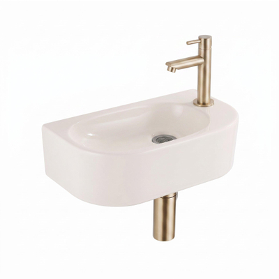 QeramiQ Fuente Fontein - 40x22x12cm - glad - halfrond - fonteinkraangat rechts - keramiek - fonteinkraan chroom - verlaagd sifon - afvoerplug - linnen
